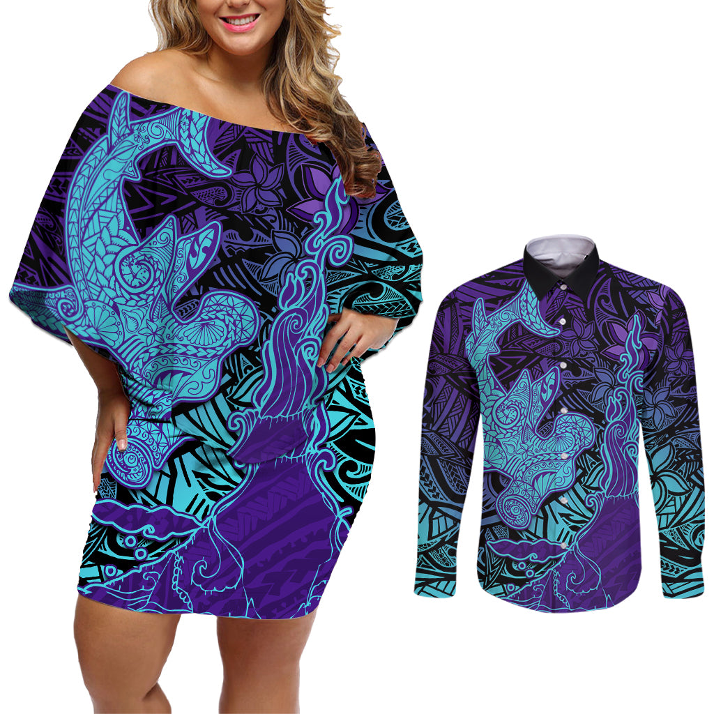 Hawaiian Volcano and Shark Couples Matching Off Shoulder Short Dress and Long Sleeve Button Shirt Polynesian and Hibiscus Pattern Purple Cyan Gradient