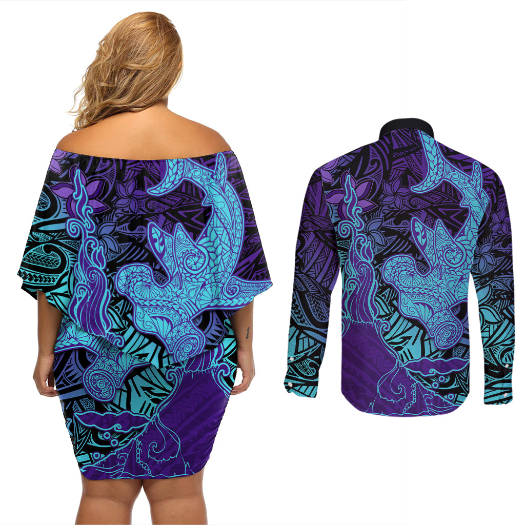 Hawaiian Volcano and Shark Couples Matching Off Shoulder Short Dress and Long Sleeve Button Shirt Polynesian and Hibiscus Pattern Purple Cyan Gradient