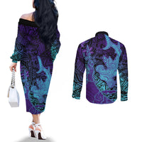 Hawaiian Volcano and Shark Couples Matching Off The Shoulder Long Sleeve Dress and Long Sleeve Button Shirt Polynesian and Hibiscus Pattern Purple Cyan Gradient