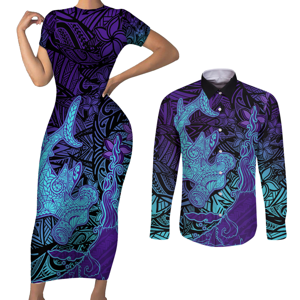 Hawaiian Volcano and Shark Couples Matching Short Sleeve Bodycon Dress and Long Sleeve Button Shirt Polynesian and Hibiscus Pattern Purple Cyan Gradient