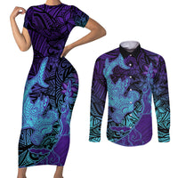 Hawaiian Volcano and Shark Couples Matching Short Sleeve Bodycon Dress and Long Sleeve Button Shirt Polynesian and Hibiscus Pattern Purple Cyan Gradient