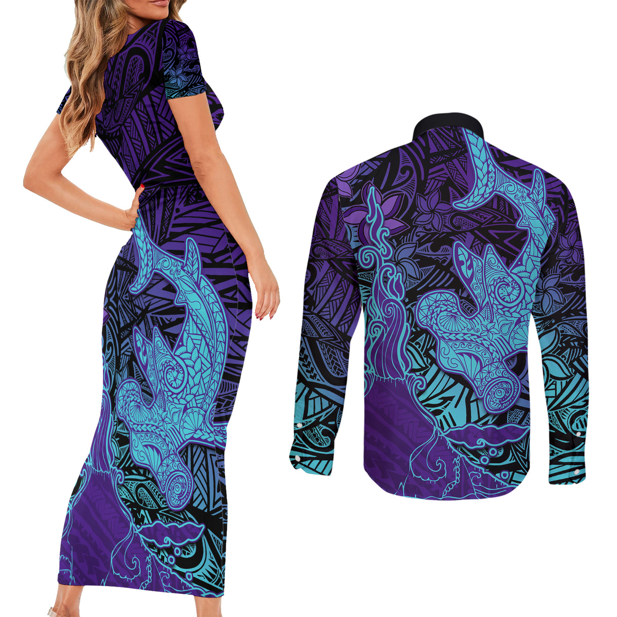 Hawaiian Volcano and Shark Couples Matching Short Sleeve Bodycon Dress and Long Sleeve Button Shirt Polynesian and Hibiscus Pattern Purple Cyan Gradient