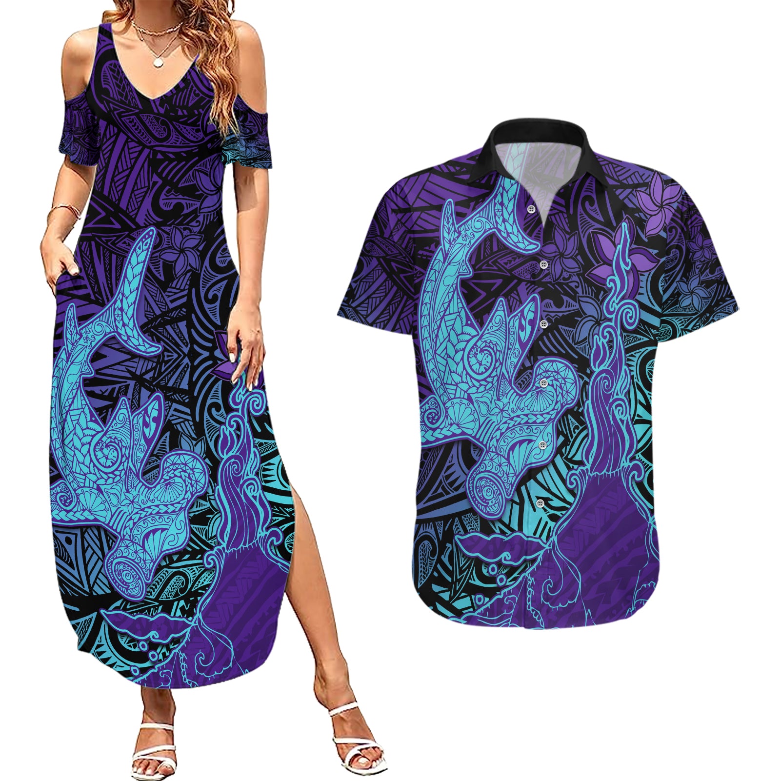 Hawaiian Volcano and Shark Couples Matching Summer Maxi Dress and Hawaiian Shirt Polynesian and Hibiscus Pattern Purple Cyan Gradient