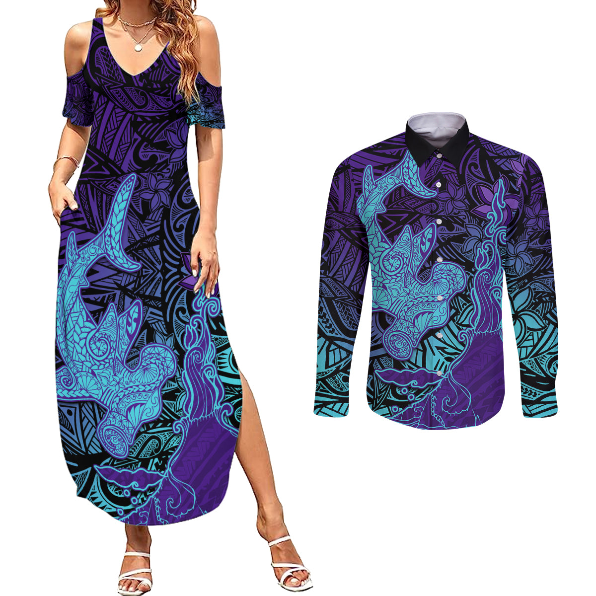 Hawaiian Volcano and Shark Couples Matching Summer Maxi Dress and Long Sleeve Button Shirt Polynesian and Hibiscus Pattern Purple Cyan Gradient