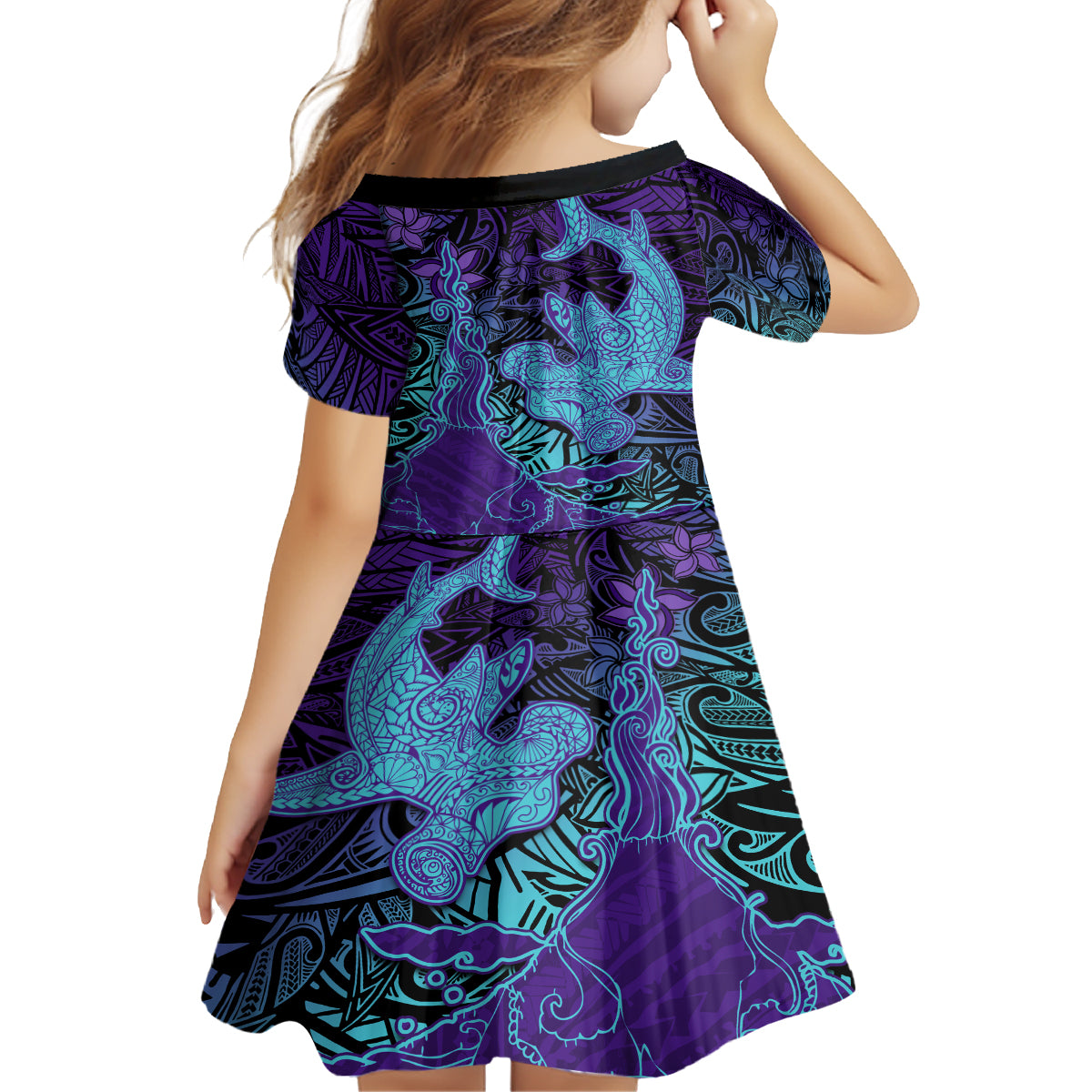 Hawaiian Volcano and Shark Family Matching Long Sleeve Bodycon Dress and Hawaiian Shirt Polynesian and Hibiscus Pattern Purple Cyan Gradient