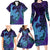 Hawaiian Volcano and Shark Family Matching Long Sleeve Bodycon Dress and Hawaiian Shirt Polynesian and Hibiscus Pattern Purple Cyan Gradient