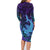 Hawaiian Volcano and Shark Family Matching Long Sleeve Bodycon Dress and Hawaiian Shirt Polynesian and Hibiscus Pattern Purple Cyan Gradient