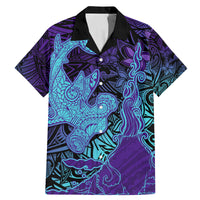 Hawaiian Volcano and Shark Family Matching Mermaid Dress and Hawaiian Shirt Polynesian and Hibiscus Pattern Purple Cyan Gradient