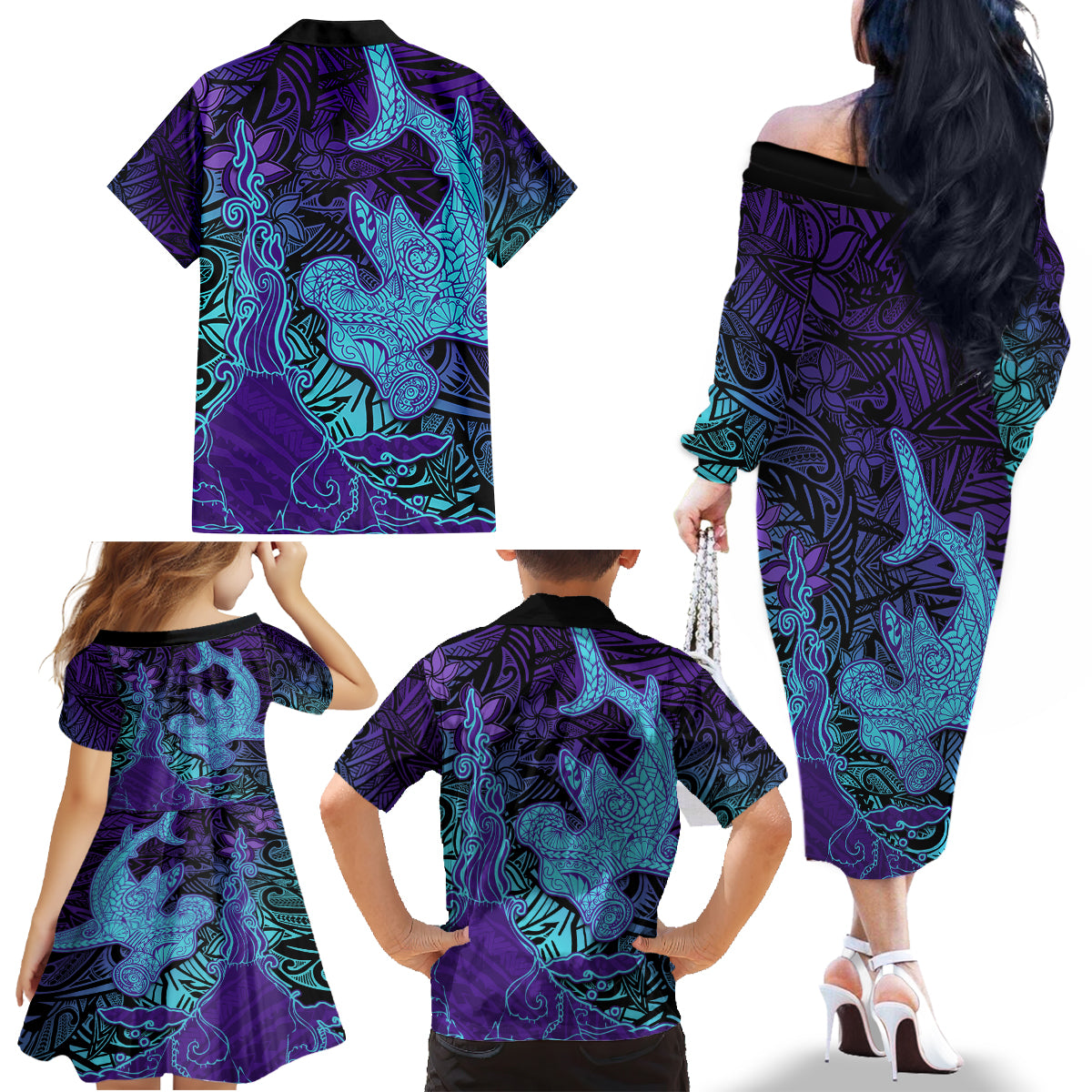 Hawaiian Volcano and Shark Family Matching Off The Shoulder Long Sleeve Dress and Hawaiian Shirt Polynesian and Hibiscus Pattern Purple Cyan Gradient