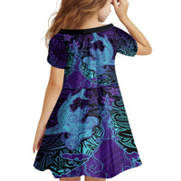 Hawaiian Volcano and Shark Family Matching Off Shoulder Maxi Dress and Hawaiian Shirt Polynesian and Hibiscus Pattern Purple Cyan Gradient