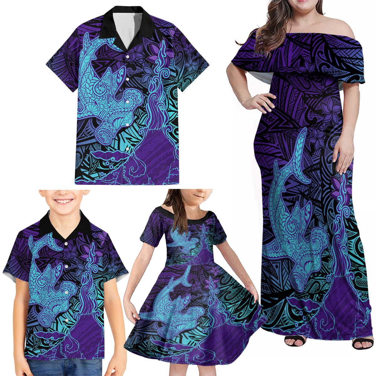 Hawaiian Volcano and Shark Family Matching Off Shoulder Maxi Dress and Hawaiian Shirt Polynesian and Hibiscus Pattern Purple Cyan Gradient