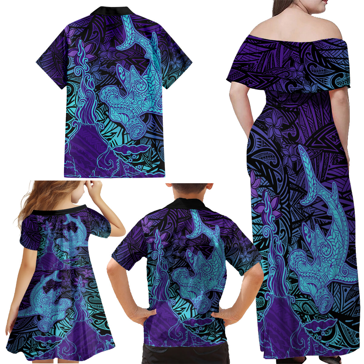 Hawaiian Volcano and Shark Family Matching Off Shoulder Maxi Dress and Hawaiian Shirt Polynesian and Hibiscus Pattern Purple Cyan Gradient
