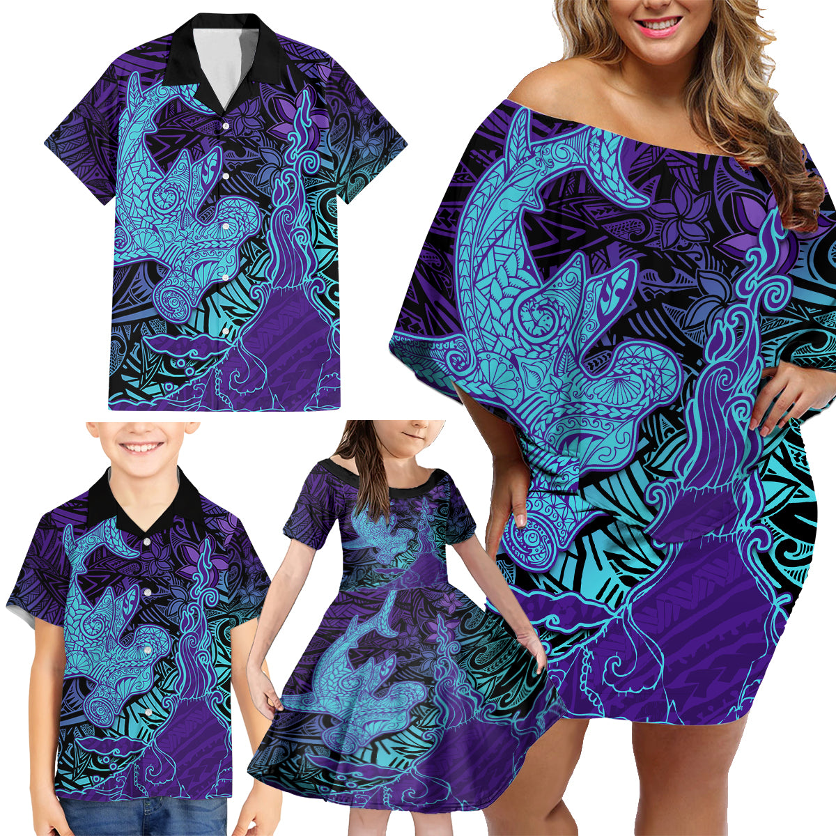 Hawaiian Volcano and Shark Family Matching Off Shoulder Short Dress and Hawaiian Shirt Polynesian and Hibiscus Pattern Purple Cyan Gradient