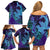 Hawaiian Volcano and Shark Family Matching Off Shoulder Short Dress and Hawaiian Shirt Polynesian and Hibiscus Pattern Purple Cyan Gradient