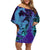 Hawaiian Volcano and Shark Family Matching Off Shoulder Short Dress and Hawaiian Shirt Polynesian and Hibiscus Pattern Purple Cyan Gradient