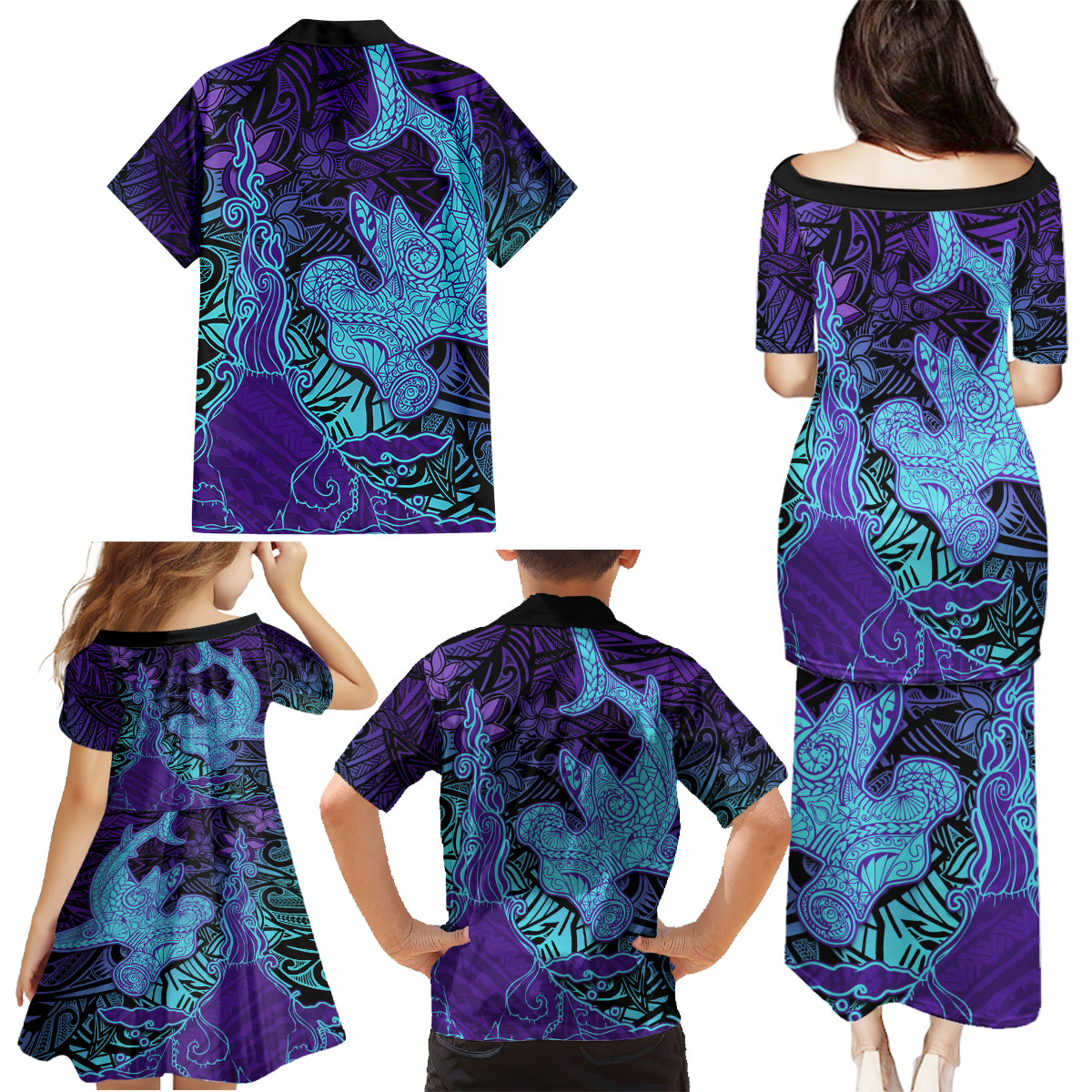 Hawaiian Volcano and Shark Family Matching Puletasi and Hawaiian Shirt Polynesian and Hibiscus Pattern Purple Cyan Gradient