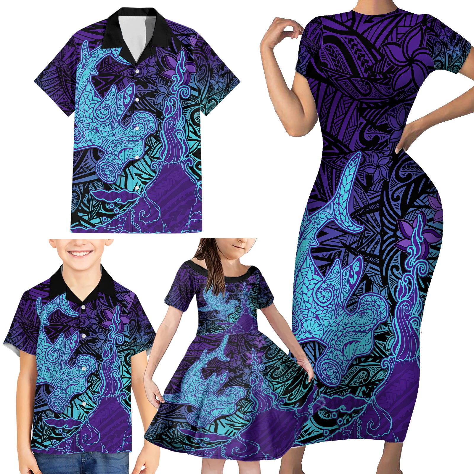 Hawaiian Volcano and Shark Family Matching Short Sleeve Bodycon Dress and Hawaiian Shirt Polynesian and Hibiscus Pattern Purple Cyan Gradient