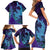 Hawaiian Volcano and Shark Family Matching Short Sleeve Bodycon Dress and Hawaiian Shirt Polynesian and Hibiscus Pattern Purple Cyan Gradient