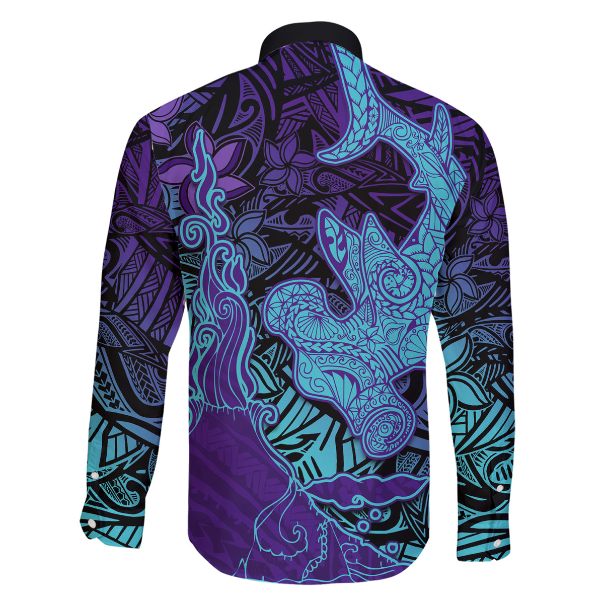 Hawaiian Volcano and Shark Family Matching Short Sleeve Bodycon Dress and Hawaiian Shirt Polynesian and Hibiscus Pattern Purple Cyan Gradient