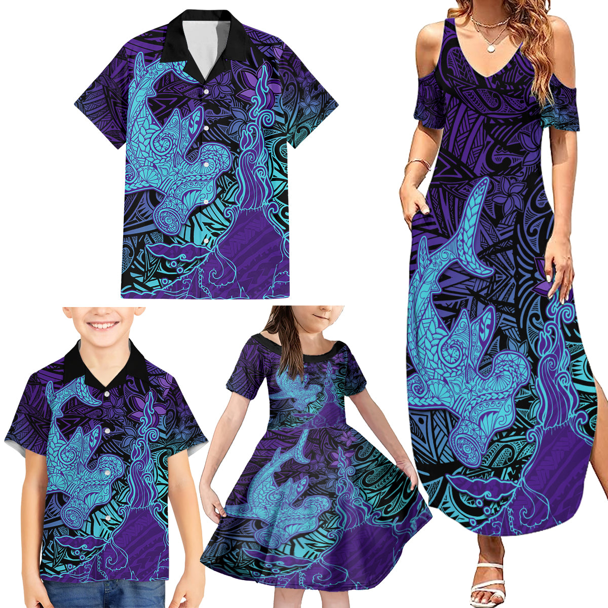 Hawaiian Volcano and Shark Family Matching Summer Maxi Dress and Hawaiian Shirt Polynesian and Hibiscus Pattern Purple Cyan Gradient