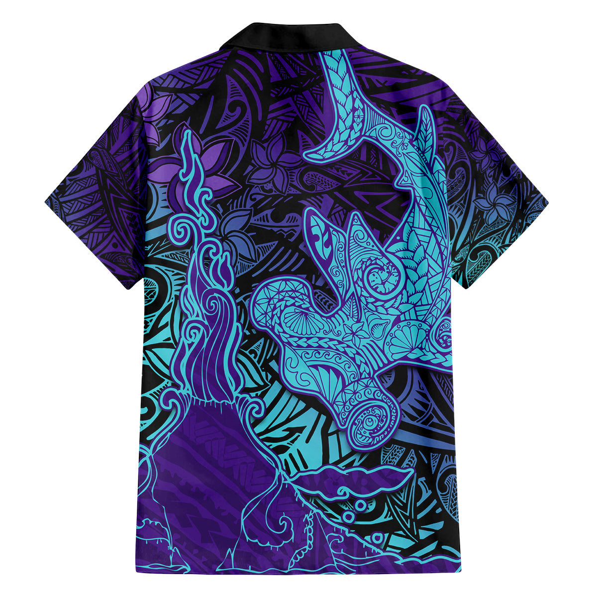 Hawaiian Volcano and Shark Family Matching Summer Maxi Dress and Hawaiian Shirt Polynesian and Hibiscus Pattern Purple Cyan Gradient