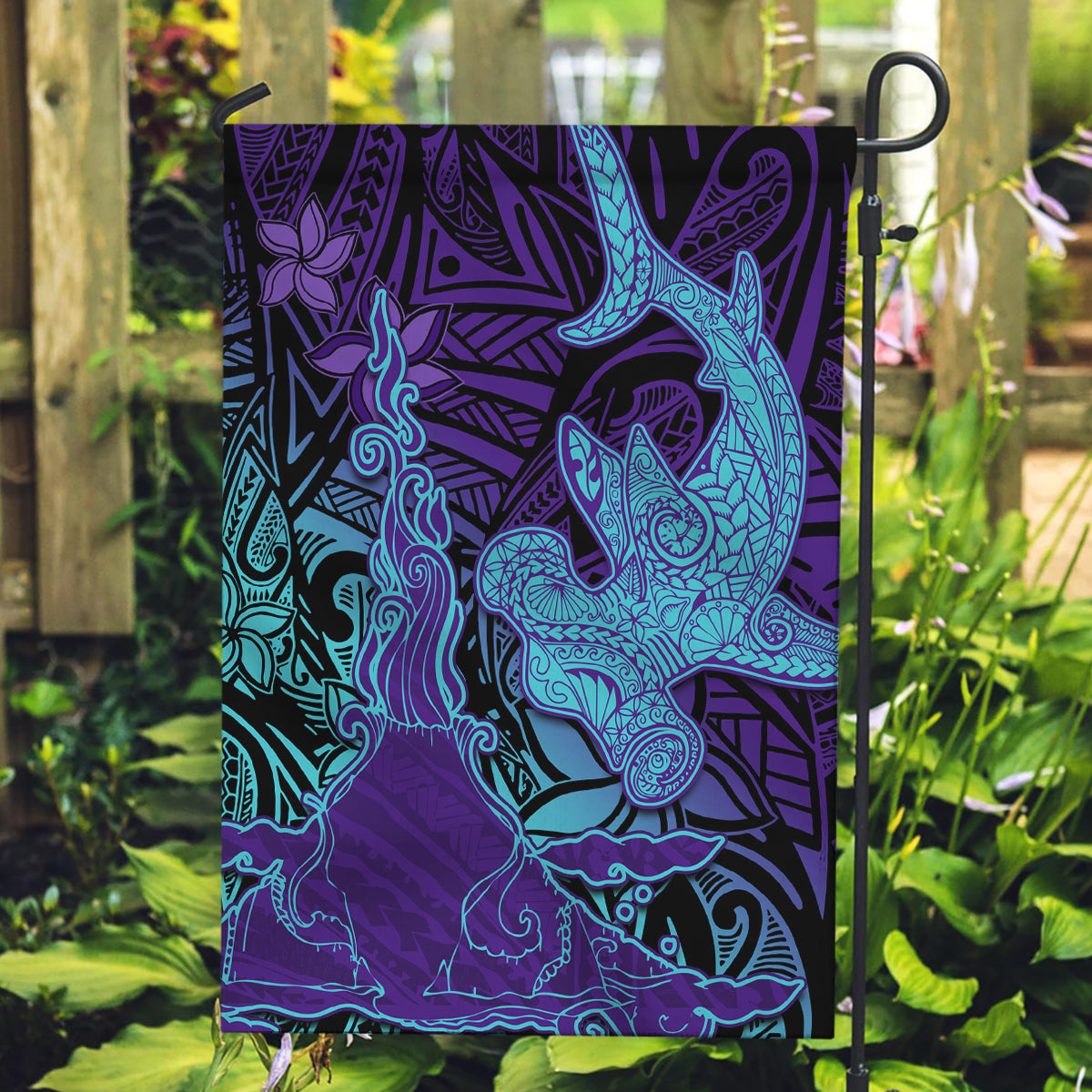 Hawaiian Volcano and Shark Garden Flag Polynesian and Hibiscus Pattern Purple Cyan Gradient