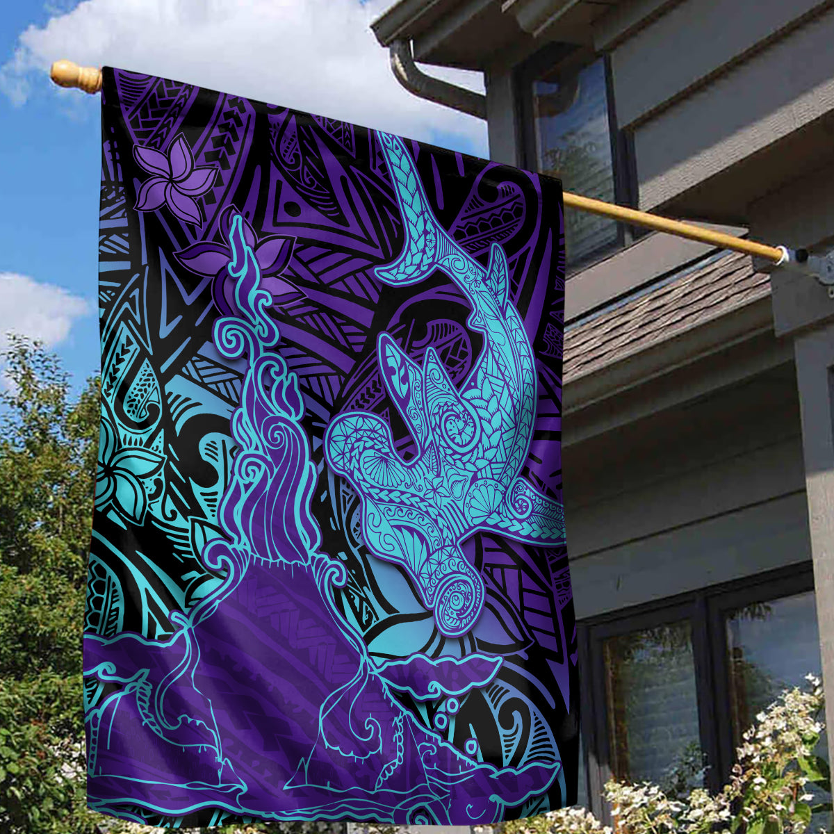 Hawaiian Volcano and Shark Garden Flag Polynesian and Hibiscus Pattern Purple Cyan Gradient