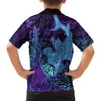 Hawaiian Volcano and Shark Hawaiian Shirt Polynesian and Hibiscus Pattern Purple Cyan Gradient