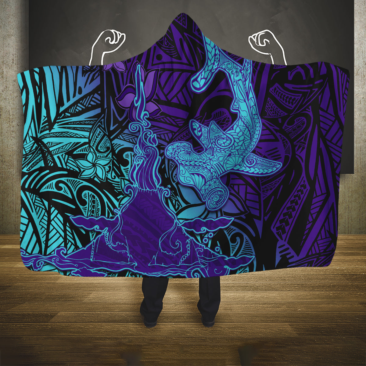 Hawaiian Volcano and Shark Hooded Blanket Polynesian and Hibiscus Pattern Purple Cyan Gradient