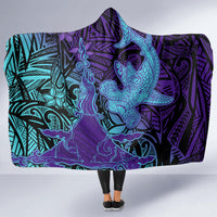 Hawaiian Volcano and Shark Hooded Blanket Polynesian and Hibiscus Pattern Purple Cyan Gradient