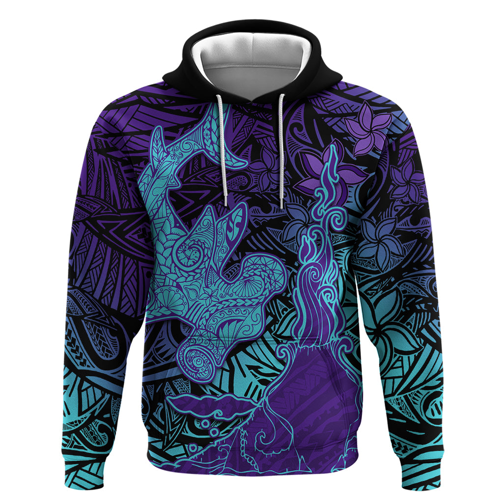 Hawaiian Volcano and Shark Hoodie Polynesian and Hibiscus Pattern Purple Cyan Gradient