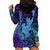 Hawaiian Volcano and Shark Hoodie Dress Polynesian and Hibiscus Pattern Purple Cyan Gradient