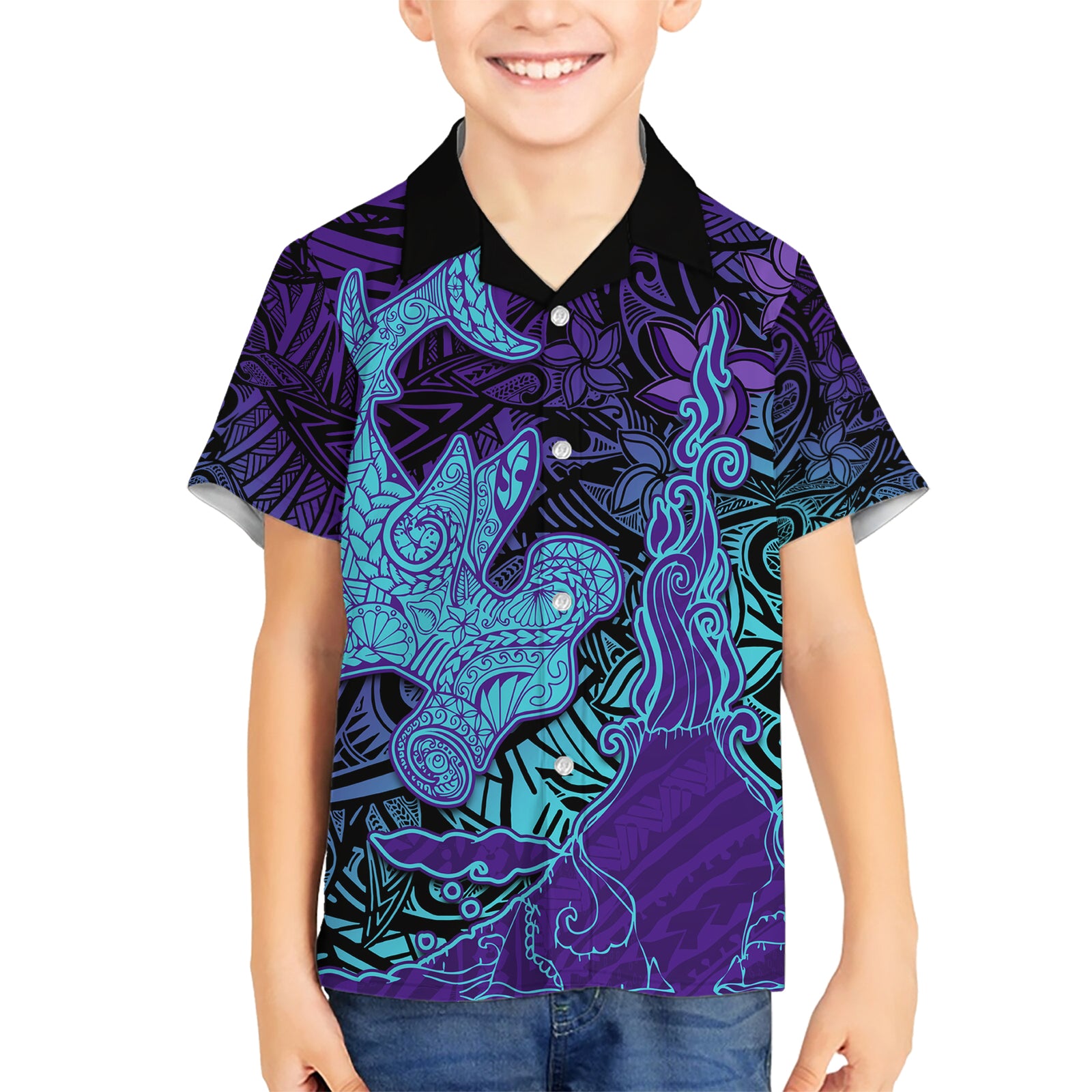 Hawaiian Volcano and Shark Kid Hawaiian Shirt Polynesian and Hibiscus Pattern Purple Cyan Gradient