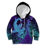 Hawaiian Volcano and Shark Kid Hoodie Polynesian and Hibiscus Pattern Purple Cyan Gradient