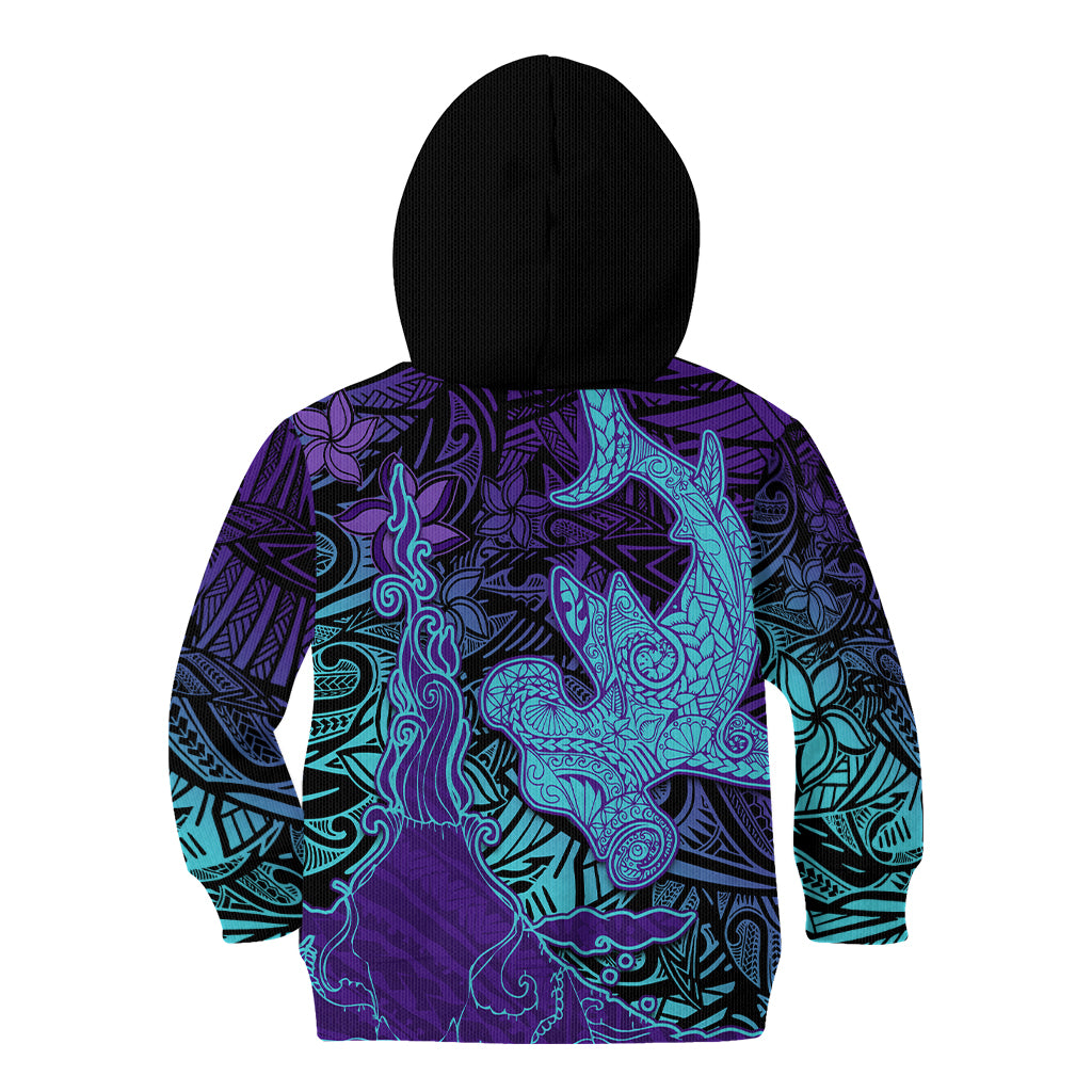 Hawaiian Volcano and Shark Kid Hoodie Polynesian and Hibiscus Pattern Purple Cyan Gradient