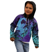 Hawaiian Volcano and Shark Kid Hoodie Polynesian and Hibiscus Pattern Purple Cyan Gradient