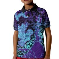 Hawaiian Volcano and Shark Kid Polo Shirt Polynesian and Hibiscus Pattern Purple Cyan Gradient