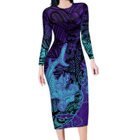 Hawaiian Volcano and Shark Long Sleeve Bodycon Dress Polynesian and Hibiscus Pattern Purple Cyan Gradient