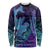 Hawaiian Volcano and Shark Long Sleeve Shirt Polynesian and Hibiscus Pattern Purple Cyan Gradient