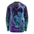 Hawaiian Volcano and Shark Long Sleeve Shirt Polynesian and Hibiscus Pattern Purple Cyan Gradient