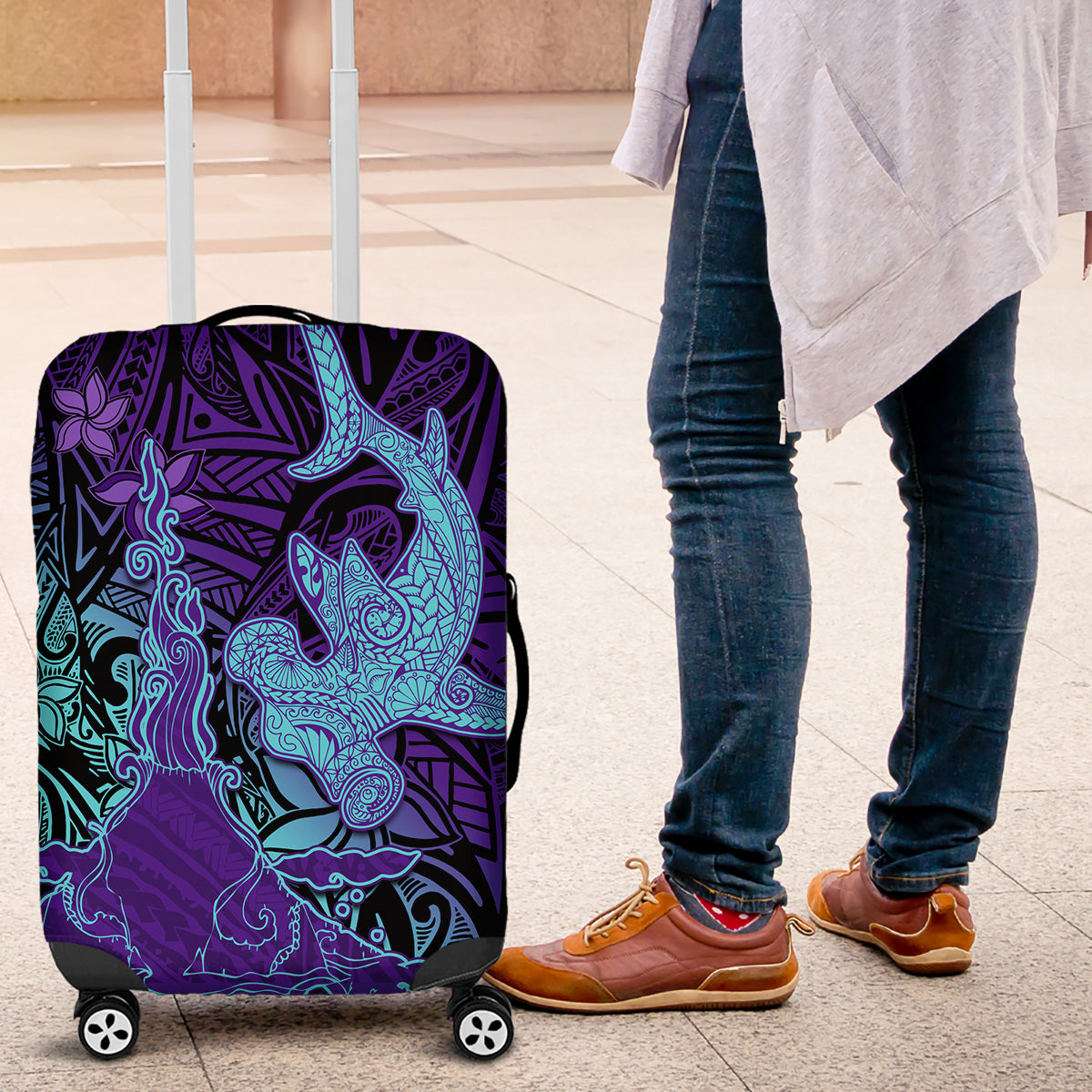 Hawaiian Volcano and Shark Luggage Cover Polynesian and Hibiscus Pattern Purple Cyan Gradient