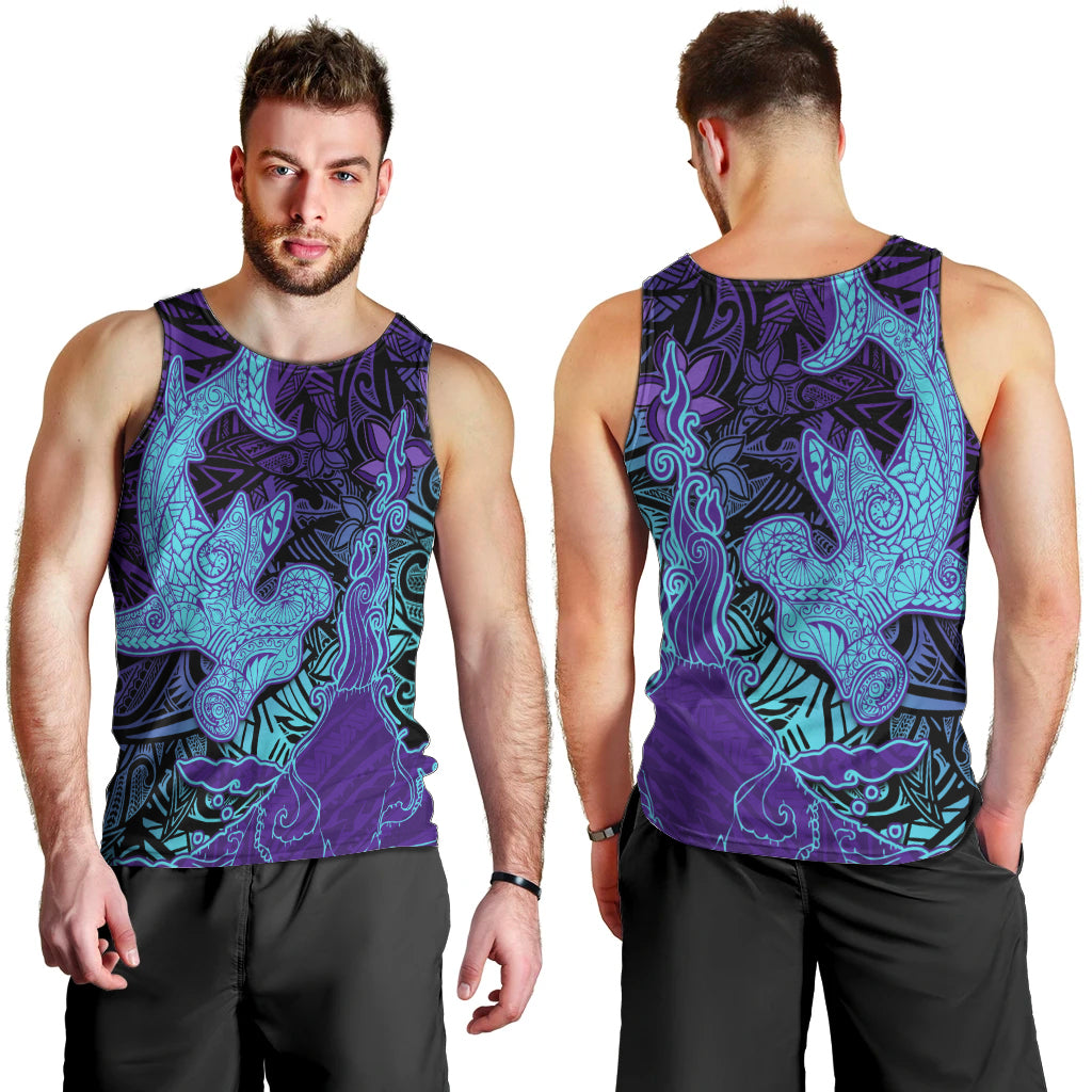 Hawaiian Volcano and Shark Men Tank Top Polynesian and Hibiscus Pattern Purple Cyan Gradient