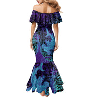 Hawaiian Volcano and Shark Mermaid Dress Polynesian and Hibiscus Pattern Purple Cyan Gradient