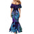 Hawaiian Volcano and Shark Mermaid Dress Polynesian and Hibiscus Pattern Purple Cyan Gradient