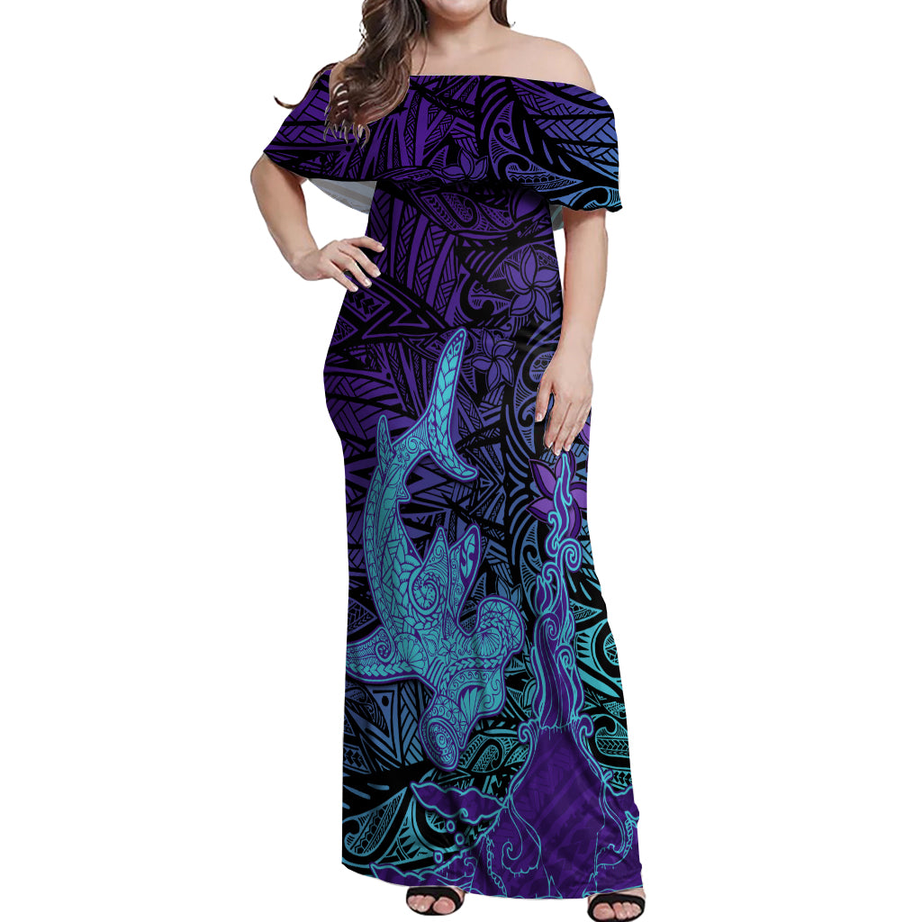 Hawaiian Volcano and Shark Off Shoulder Maxi Dress Polynesian and Hibiscus Pattern Purple Cyan Gradient