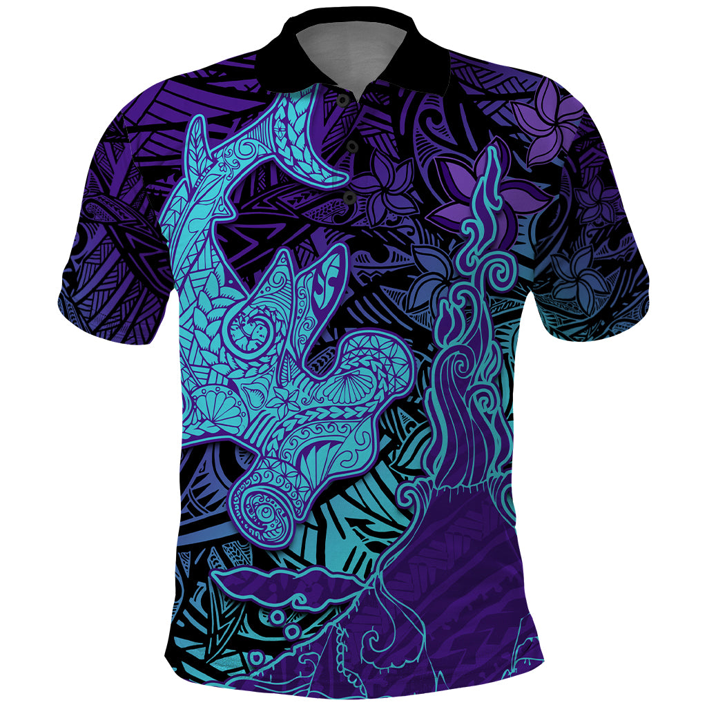Hawaiian Volcano and Shark Polo Shirt Polynesian and Hibiscus Pattern Purple Cyan Gradient