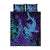 Hawaiian Volcano and Shark Quilt Bed Set Polynesian and Hibiscus Pattern Purple Cyan Gradient