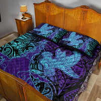 Hawaiian Volcano and Shark Quilt Bed Set Polynesian and Hibiscus Pattern Purple Cyan Gradient