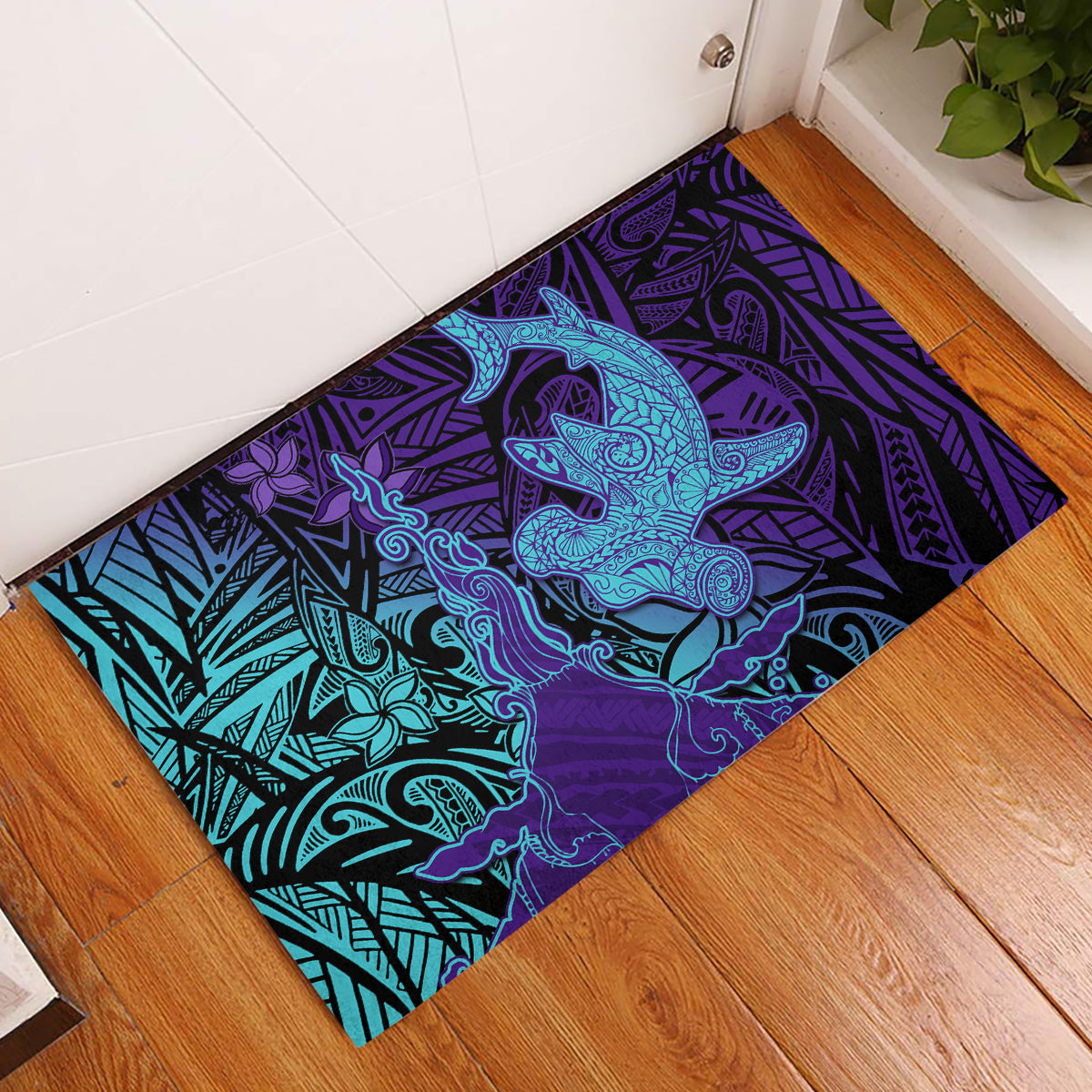 Hawaiian Volcano and Shark Rubber Doormat Polynesian and Hibiscus Pattern Purple Cyan Gradient