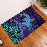 Hawaiian Volcano and Shark Rubber Doormat Polynesian and Hibiscus Pattern Purple Cyan Gradient